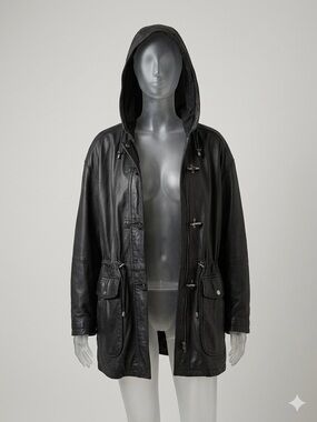 WILSON Vintage Black Bomber Leather Jacket 80s Hooded Toggle Cinch Waist XL